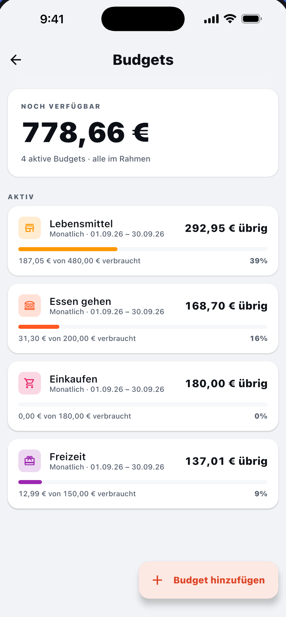 Budgetübersicht in CashOwl mit verbleibendem Betrag je Kategorie und Fortschrittsbalken