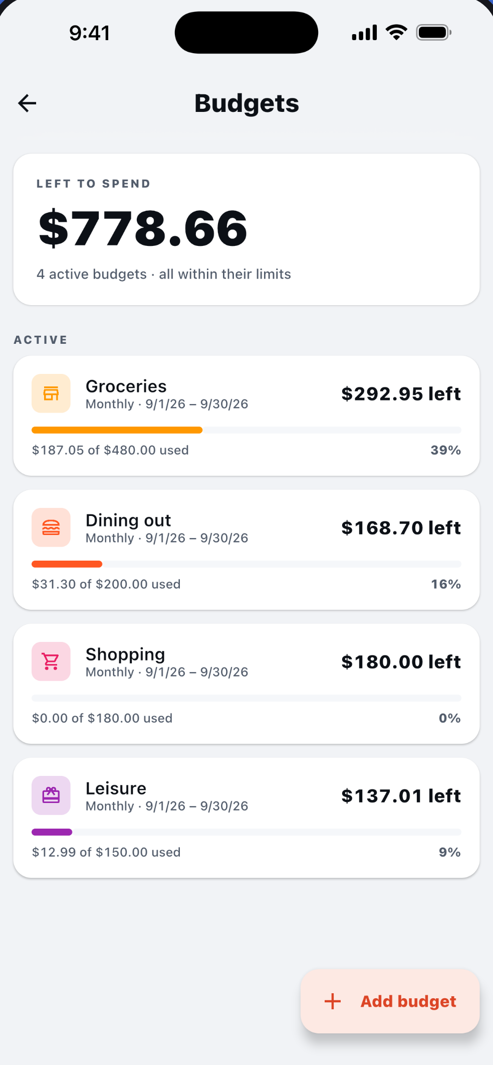 CashOwl budget overview with remaining amount per category and progress bars