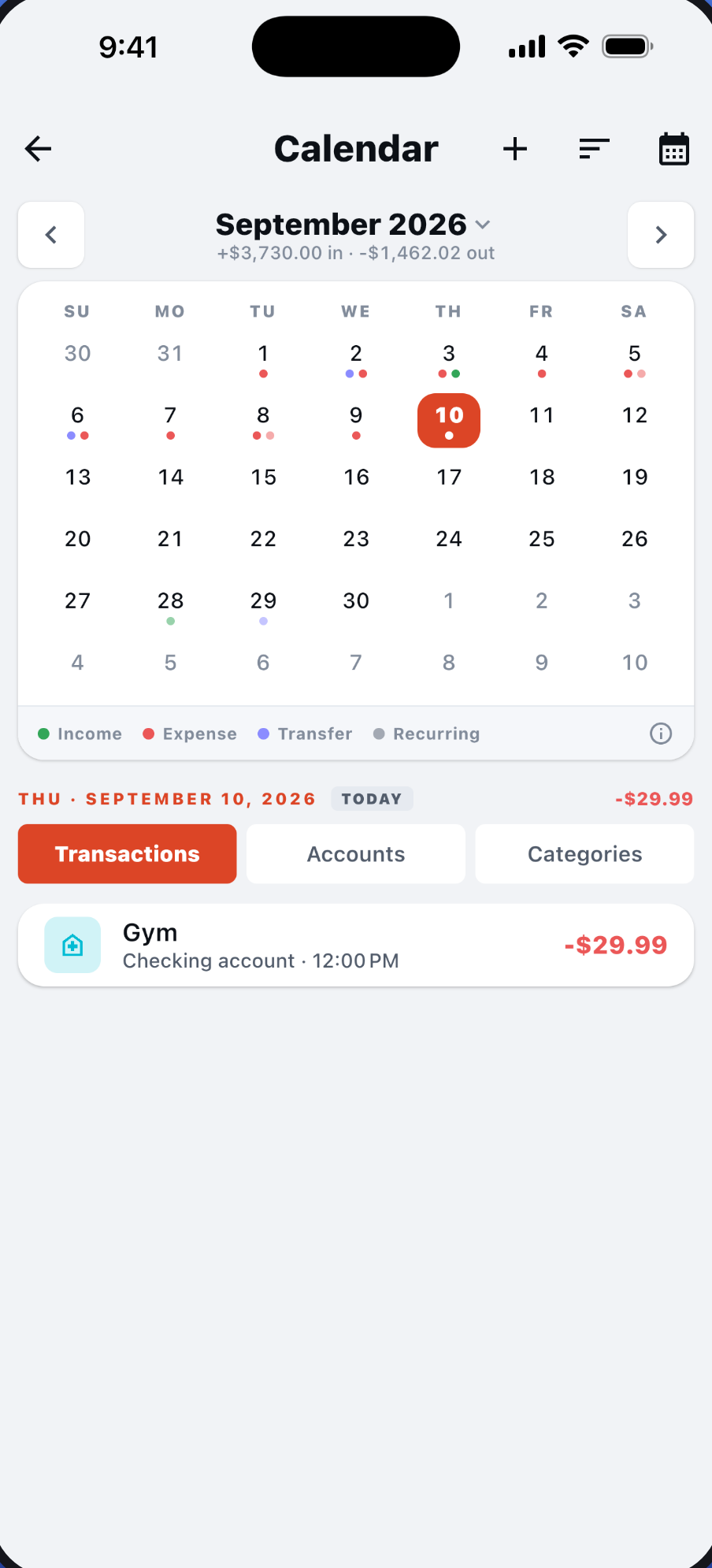 CashOwl calendar view showing income, expenses, transfers and recurring entries per day