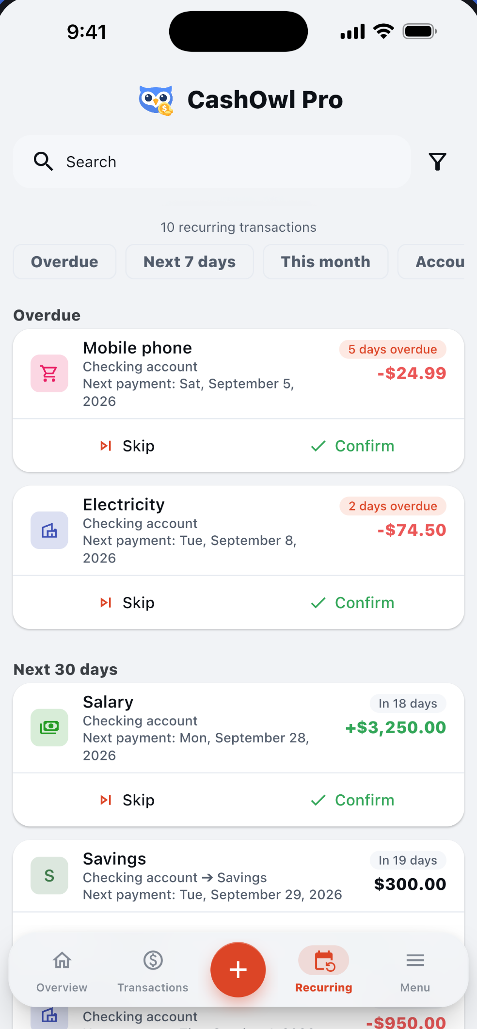 CashOwl recurring transactions screen showing overdue and upcoming payments