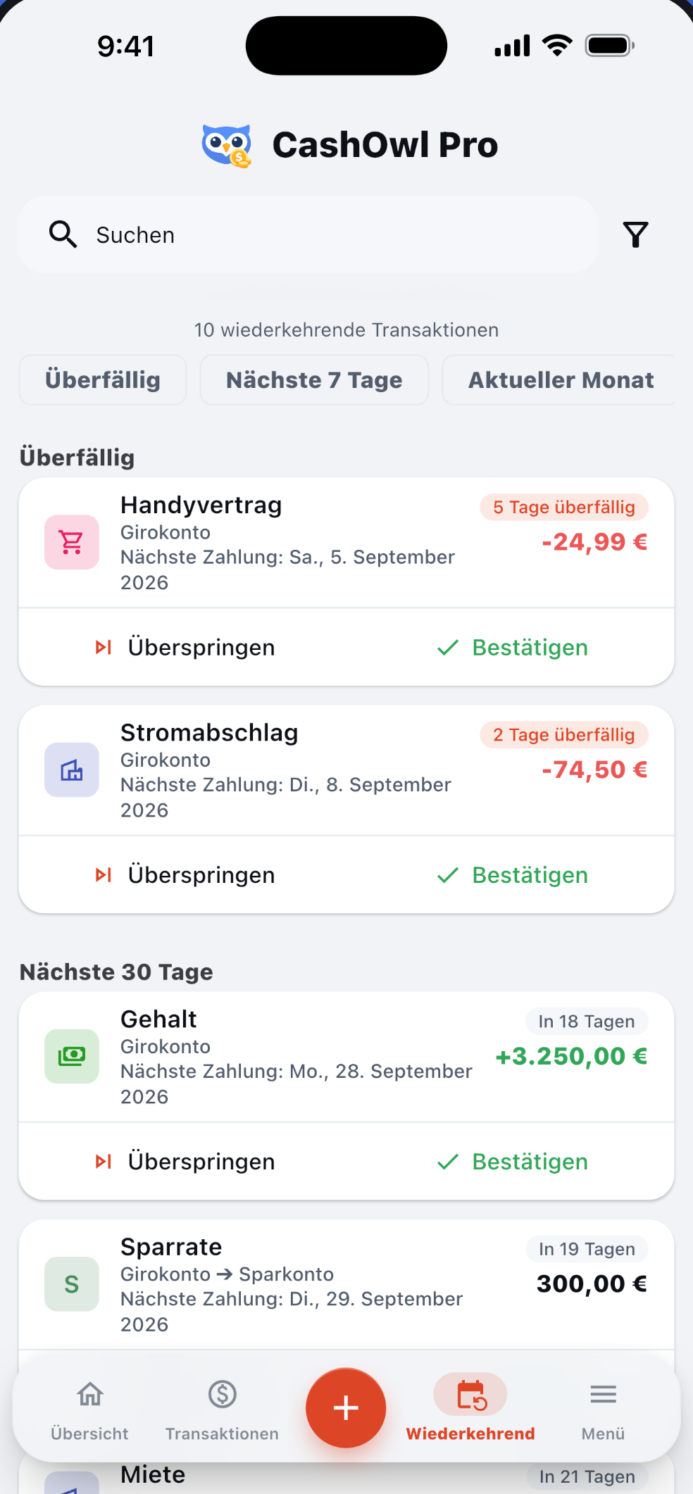 CashOwl Übersicht der wiederkehrenden Buchungen mit überfälligen und kommenden Zahlungen